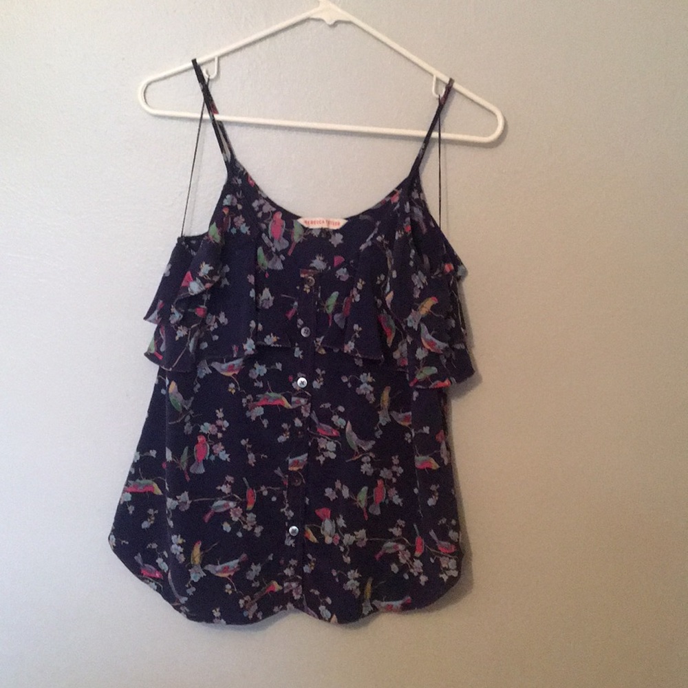 Rebecca Taylor silk navy blue bird ruffle cami